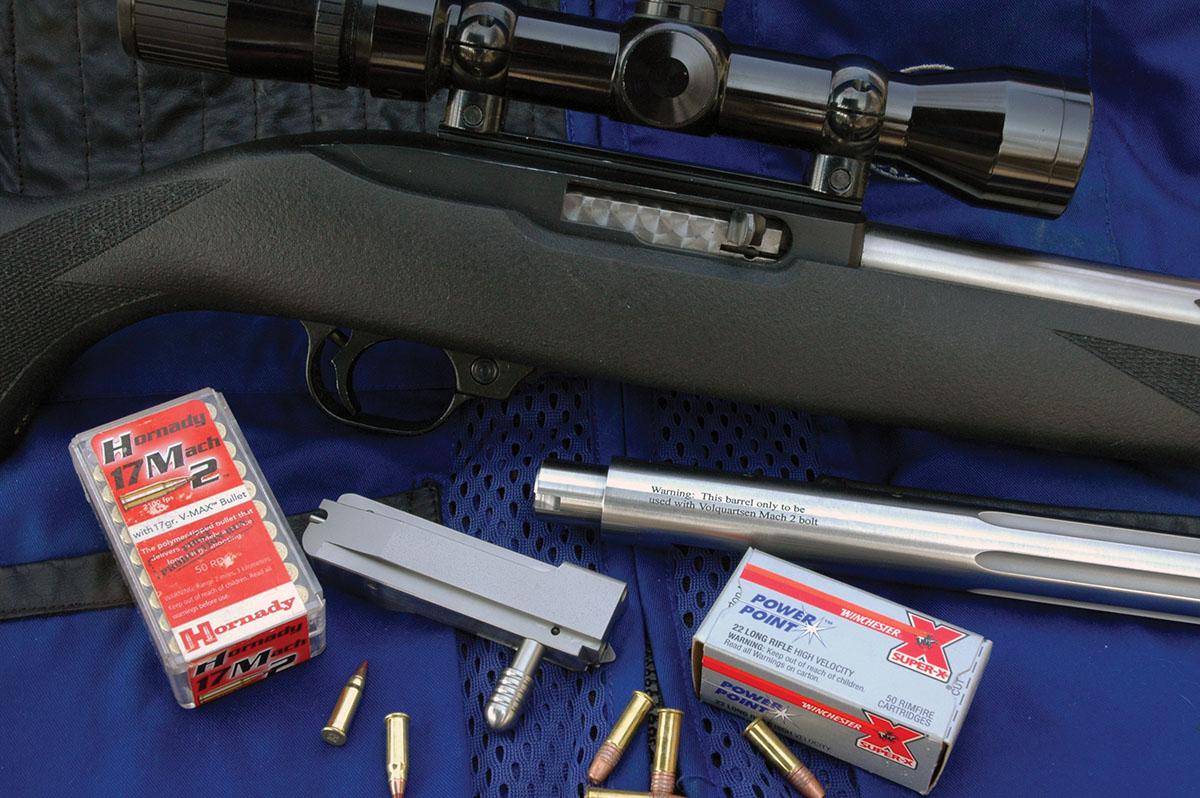 Prior to introducing rifles of his own design, Tom Volquartsen built extremely accurate rifles around the Ruger 10/22 receiver. This one, built by him for Layne, has his trigger group and a McMillan stock, along with interchangeable bolts and barrels for the 22 Mach 2 and 22 Long Rifle cartridges. The lettering seen here on the 17 Mach 2 barrel warns that it should be used only with the heavier bolt designed for that cartridge.